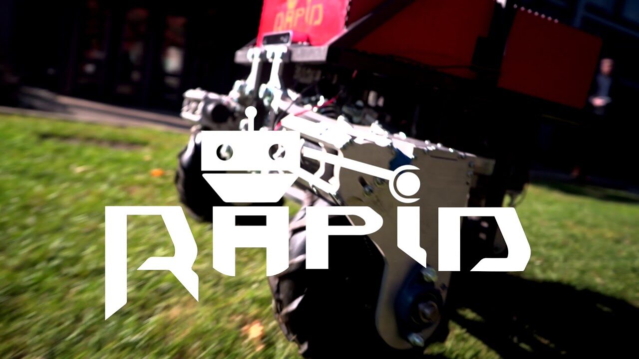 Title frame of the RAPID demo video, close on the robot with its logo.
