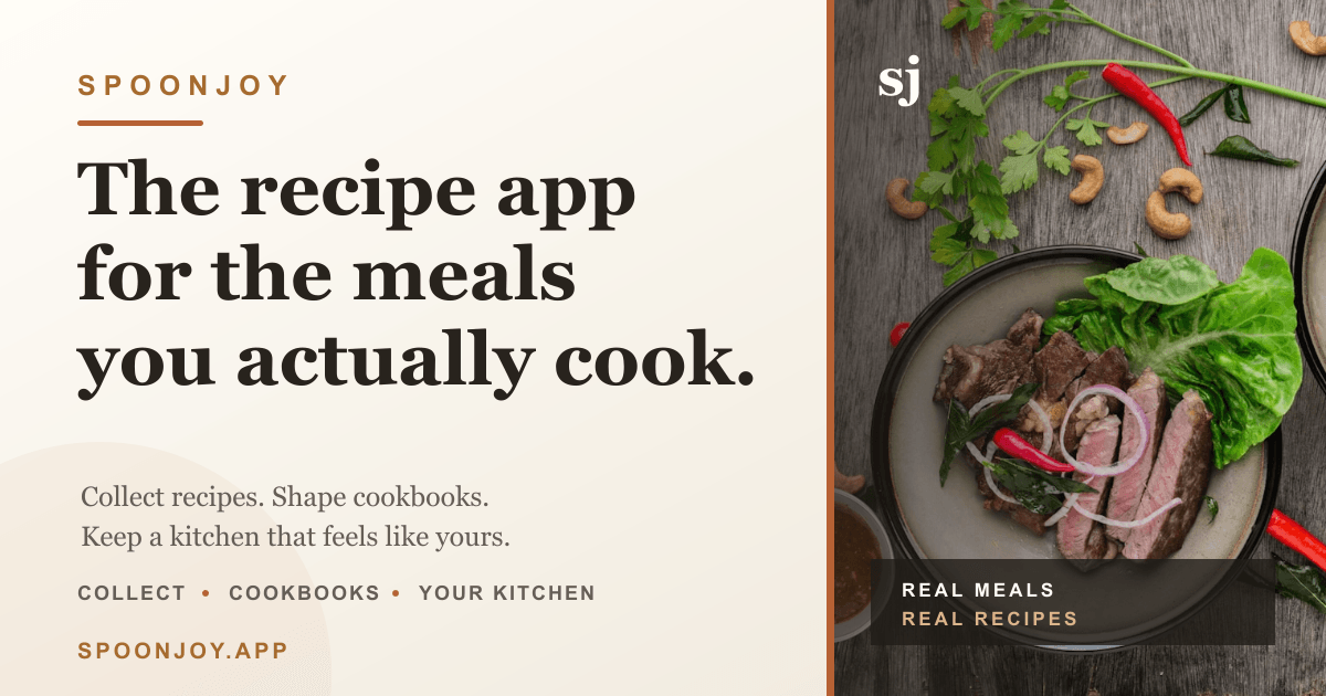 The Spoonjoy home card showing a photo-first grid of real home-cooked recipes.